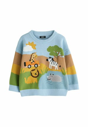 Hellblauer Strickpullover mit verspieltem Tiermotiv: Löwe, Zebra, Nashorn und Pferd in einer Landschaftsszene mit Bäumen und Wolken.