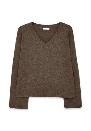 Brown, knitted sweater with a V-neck and long sleeves. The fabric appears soft with a slightly textured finish and a relaxed fit.