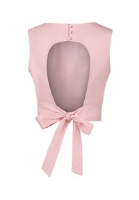 Rosa ärmellose Bluse mit offenem Rücken, ausgestattet mit einer Schleife in der Taille und drei Knopfverschlüssen am Hals. Glattes, leichtes Material.