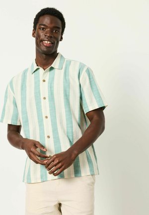 Lächelnder Mann, der ein kurzärmeliges Hemd mit vertikalen türkis-weißen Streifen trägt, stehend vor einem schlichten Hintergrund.