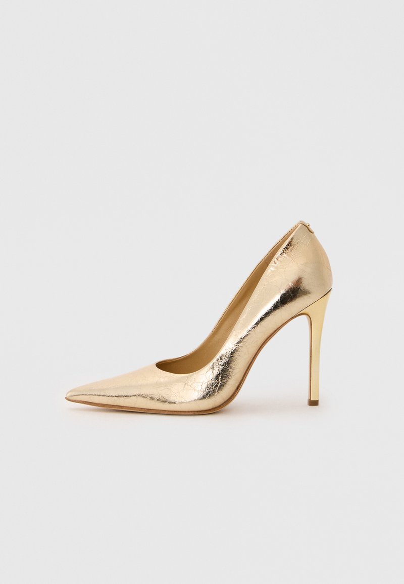 Shiny gold pointed-toe high heel shoe with a slim stiletto heel on a plain light background.