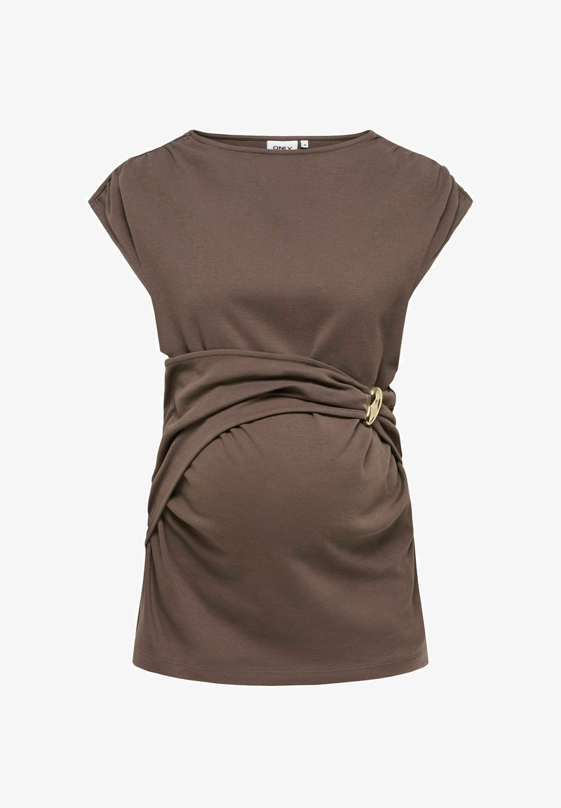 Haut de maternité marron à manches courtes avec tissu drapé sur le côté et détail boucle dorée, ajusté au niveau du ventre.