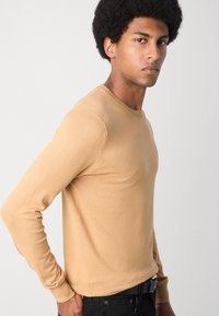 Khaki long-sleeve sweater in a soft knit fabric, featuring a round neckline, fitted design, and subtle stitching details. Paired with black jeans.