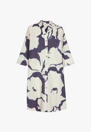 Hemdblusenkleid in Creme mit dunkelblauem, abstraktem Blumenmuster, ausgestattet mit klassischem Kragen, durchgehender Knopfleiste und mittelangen Ärmeln.