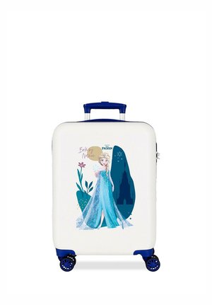 Maleta rígida blanca con asa y ruedas azules, con una animación de Elsa de Frozen en un vestido azul brillante con gráficos florales y de castillo.