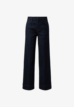 Donkerblauwe denim wijde broek met een hoge taille en rechte silhouet, met zichtbare stiksels en een schone zoom.