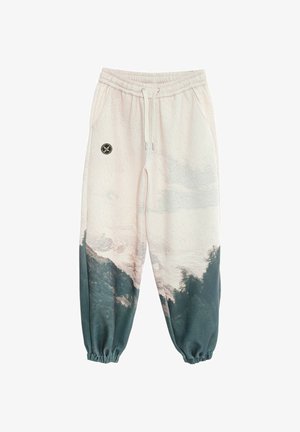 Pantalones de chándal rosa claro con una superficie texturizada que presenta un estampado de paisaje montañoso, cinturilla elástica y puños. Incluye un parche de logo negro.