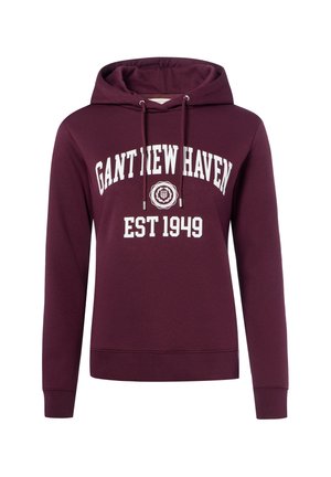 Sweat à capuche marron avec texte blanc "GANT NEW HAVEN" et "EST 1949" sur la poitrine et cordons à la capuche.