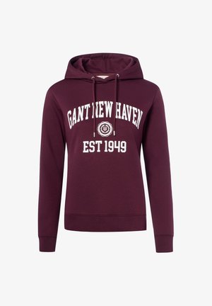 Sweat à capuche marron avec texte blanc "GANT NEW HAVEN" et "EST 1949" sur la poitrine et cordons à la capuche.