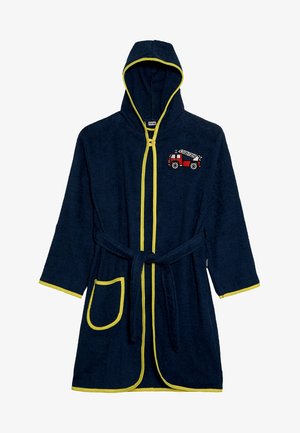 Tumes fliisiga kapuutsiga vannimantlid kollase äärega, valmistatud pehmest kangast. Omab esikotti ja tikitud punase päästeauto kujundust rinnal.