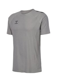 Grau athletic T-Shirt mit Rundhalsausschnitt, kurzen Ärmeln und tonalen Nähten. Verfügt über schwarzes Logo und Akzente an den Schultern. Leichtes Material.