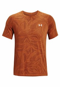 Sportovní tričko s krátkými rukávy v rezavě oranžové barvě s texturovaným vzorem listů a bílým logem na hrudi. Vyrobeno z prodyšného materiálu.