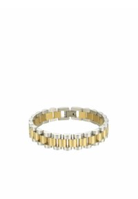 Bracciale in metallo oro e argento caratterizzato da un motivo alternato di maglie in argento lucido e oro spazzolato, con un meccanismo di chiusura sicuro.