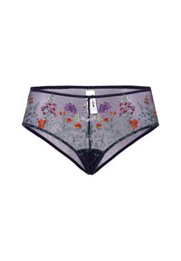 Borduurgemotieveerde paarse doorzichtige bikini slipjes met bloemenontwerpen in rood, oranje en groen, met een donkerblauwe tailleband en strikdetail aan de voorkant.