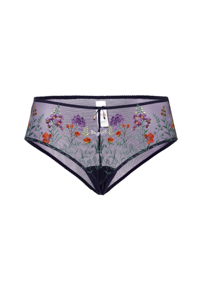 Borduurgemotieveerde paarse doorzichtige bikini slipjes met bloemenontwerpen in rood, oranje en groen, met een donkerblauwe tailleband en strikdetail aan de voorkant.