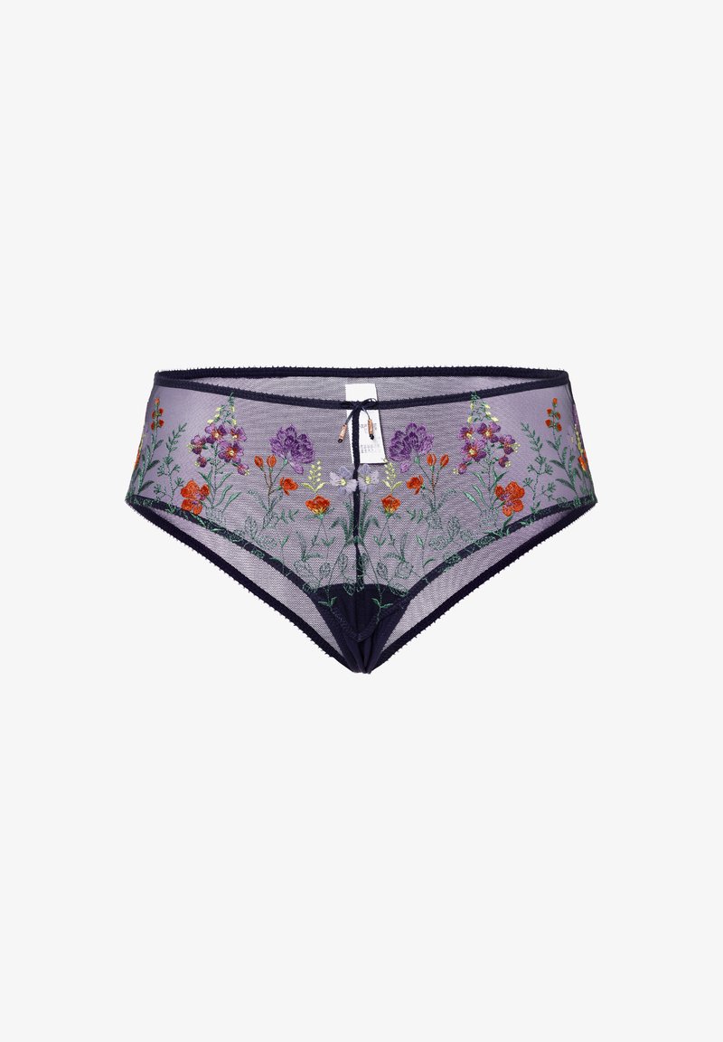 Bestickte lila transparente Bikini-Höschen mit floralen Motiven in Rot, Orange und Grün, einem dunkelblauen Bund und einem Rüschendetail an der Vorderseite.