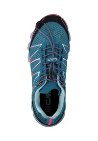 Blue and teal athletic shoe with mesh upper, pink accents, and elastic lacing system. Features a padded collar and textured sole.