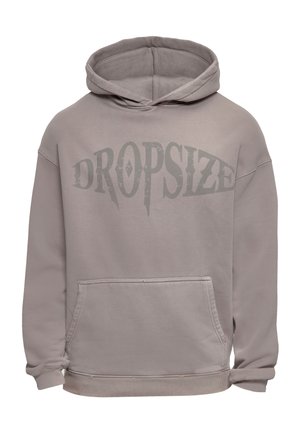 Light gray hooded sweatshirt with front pouch pocket and "DROPSIZE" text in stylized font across the chest.