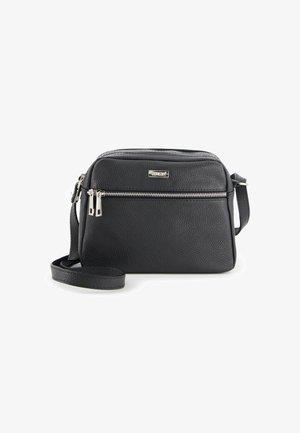 Black leather crossbody bag with a textured finish, two zippered compartments, and a detachable strap for adjustable length. Silver hardware accents.