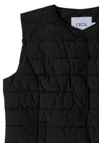 Gilet nero senza maniche realizzato in tessuto trapuntato, con cuciture orizzontali, scollatura tonda e chiusura frontale a bottoni. Etichetta del marchio visibile.