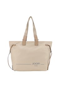 Borsa a tracolla beige realizzata in materiale liscio, con due manici superiori, una tracolla removibile e un logo stampato sul davanti.