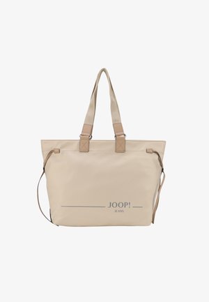 Bežna torba iz gladkega materiala, z dvema gornjima ročajema, odstranljivo naramnico in natisnjenim logotipom na sprednji strani.