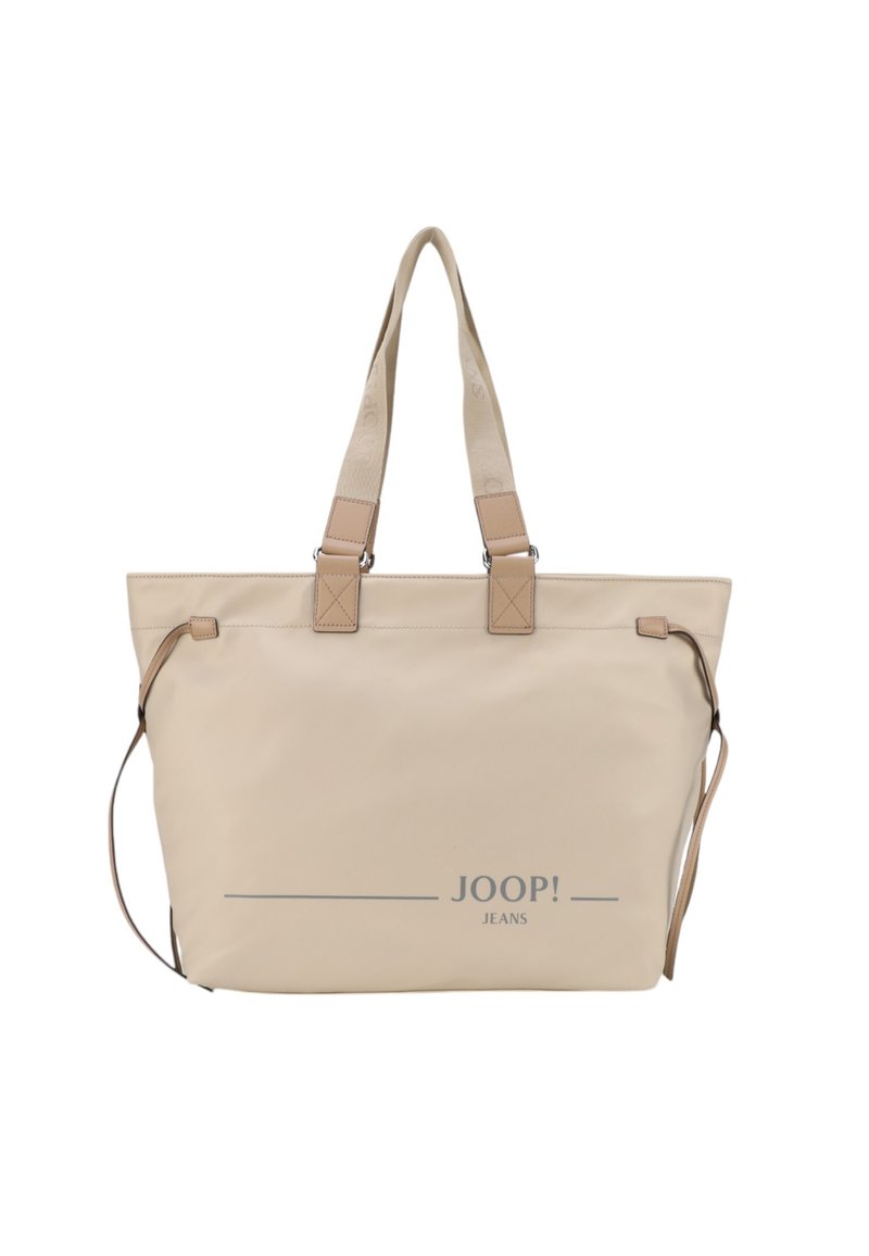 Borsa a tracolla beige realizzata in materiale liscio, con due manici superiori, una tracolla removibile e un logo stampato sul davanti.