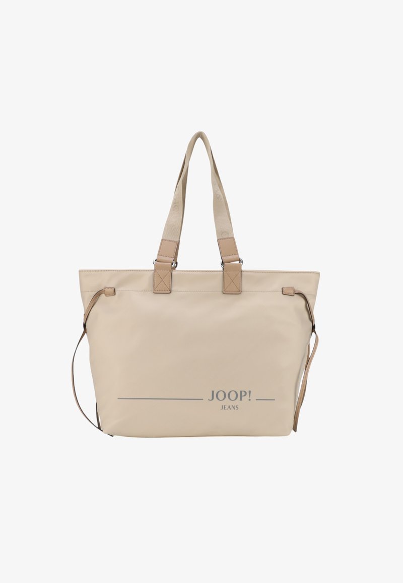 Borsa a tracolla beige realizzata in materiale liscio, con due manici superiori, una tracolla removibile e un logo stampato sul davanti.