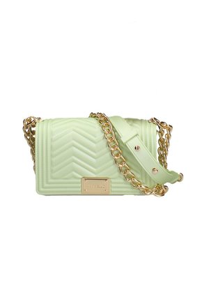 Mintgrüne gesteppte Crossbody-Tasche mit goldener Kettenriemen und rechteckiger goldener Logo-Plakette auf der vorderen Klappe.