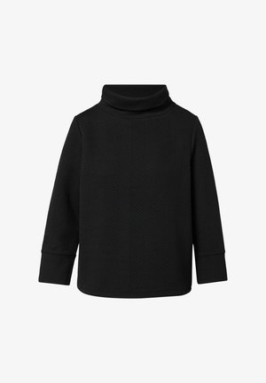 Schwarzer Rollkragenpullover mit Fischgrätmuster, langarm und mit lockerer Passform. Glatte Textur mit einem umgeschlagenen Kragen.