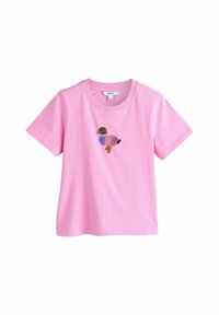 Roza bombažna majica s kratkimi rokavi in okroglim izrezom. Spredaj ima barvno vezen motiv ptice, ki dodaja teksturo in podrobnosti.