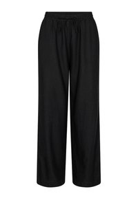 Black, wide-leg pants with a relaxed fit, made from a soft, lightweight fabric. Featuring an elastic waistband with a drawstring.