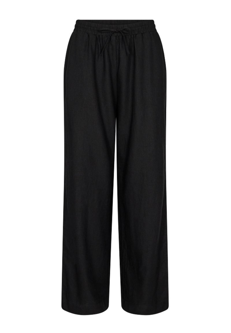 Black, wide-leg pants with a relaxed fit, made from a soft, lightweight fabric. Featuring an elastic waistband with a drawstring.