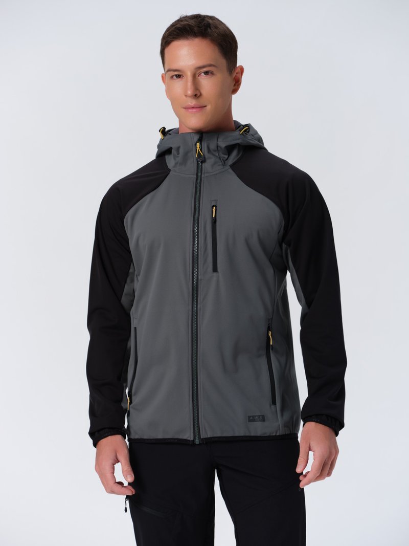 Grå och svart zip-jacka med huva, med en slät yta, kontrasterande ärmar, gul dragkedja och en elegant design.