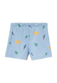 Shorts bleu clair avec un motif de vans jaunes, de feuilles vertes et d'oiseaux, fabriqués à partir d'un tissu doux avec une taille élastique.