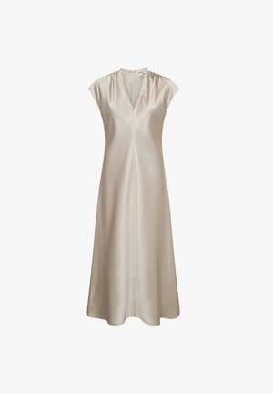 Beige satijnen jurk met een V-halslijn, korte kapmouwen en een vloeiende silhouette. Heeft een rits aan de achterkant in het midden en een gladde textuur.