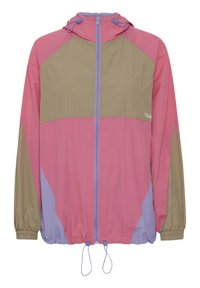 Chaqueta cortaviento en rosa, caqui y lavanda. Cuenta con capucha, cierre de cremallera en la parte delantera, puños elásticos y un dobladillo ajustable con cordones.