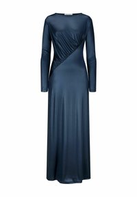 Langes Navy-Kleid aus glattem Stoff mit tailliertem Oberteil, langen Ärmeln und einem schrägen Raffungselement an der Taille.