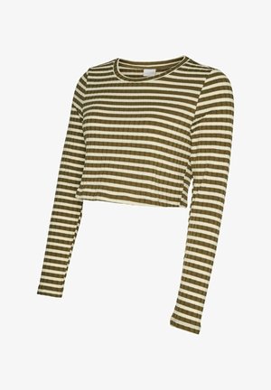 Pikad varrukad, lühike särk oliivroheliste ja valgete horisontaalsete triipudega, ümar kaelus ja soonikust kangatekstuur.