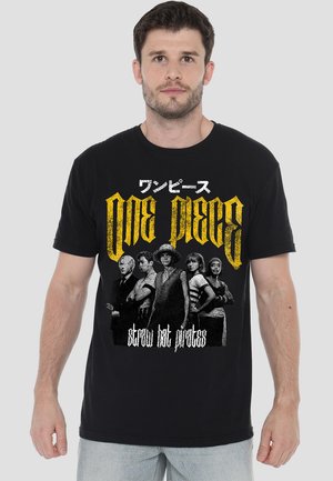 Black cotton t-shirt featuring a graphic of characters from "One Piece" in yellow and white text with a distressed look. Short sleeves and relaxed fit.