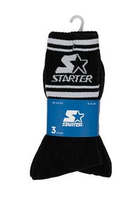 Schwarze Knöchelsocken im Dreierpack, mit weißen Streifen und "STARTER"-Logo. Größe 39-42 EU / 6-8 UK. Weicher, strukturierter Stoff.
