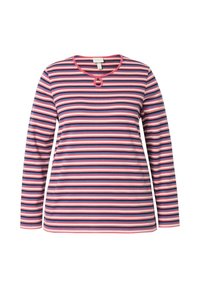 Chemise à manches longues avec des rayures horizontales en rose, marine et blanc. Dotée d'un col rond avec un détail en forme de clé et en tissu de coton doux.