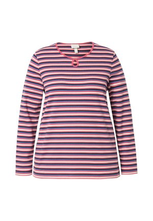 Langsleeve shirt met horizontale strepen in roze, marineblauw en wit. Heeft een ronde halslijn met een sleutelgatdetail en zachte katoenstof.