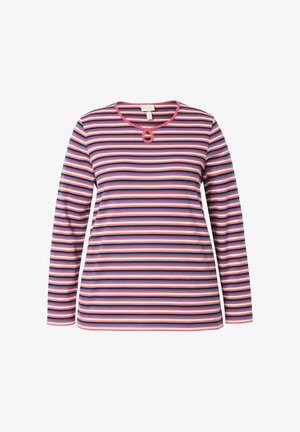 Langærmet skjorte med horisontale striber i pink, marineblå og hvid. Har en rund halsudskæring med en nøglehul-detalje og blødt bomuldsstof.