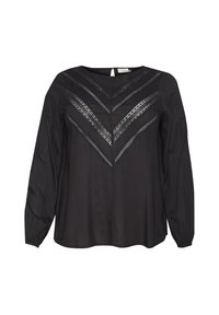 Black long-sleeve blouse featuring a V-shaped design with silver metallic accents and a soft texture. Simple round neckline and relaxed fit.