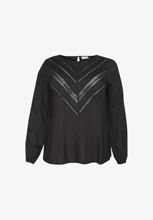 Black long-sleeve blouse featuring a V-shaped design with silver metallic accents and a soft texture. Simple round neckline and relaxed fit.