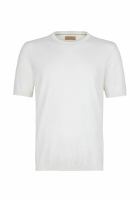 Vit kortärmad stickad tröja med rund halsringning. Slät textur, ribbade muddar och nederkant. Etikett synlig inuti halsen.