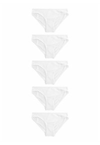 Fem par vita vita av vita bomullsstringtrosor med en slät yta, designade med en medelhög skärning och elastisk midjeband.