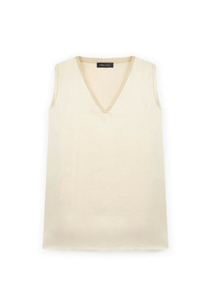 Ärmelloses Top mit V-Ausschnitt aus cremefarbenem Stoff mit einem dezenten Schimmer. Hat eine goldene Borte am Ausschnitt und einen geraden Saum.