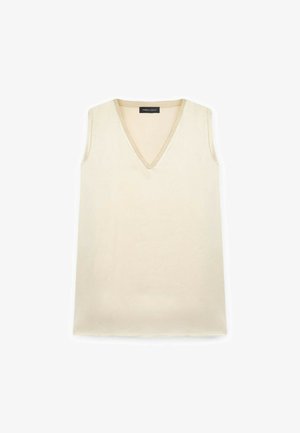 V-hals, mouwloze top in crèmekleurige stof met een subtiele glans. Bevat een gouden rand rond de halslijn en een rechte zoom.